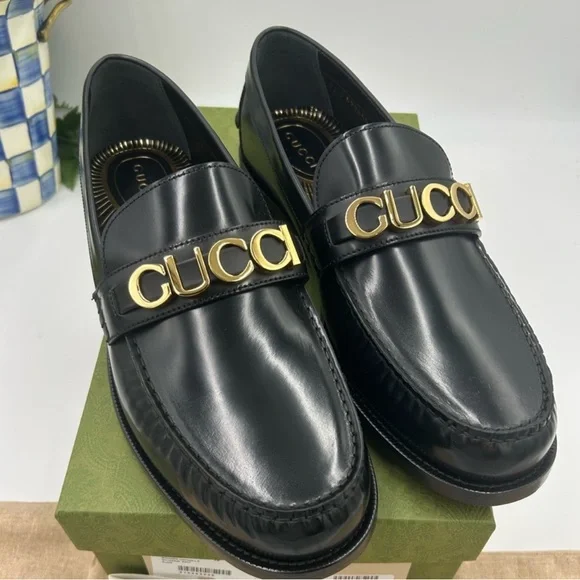 Men’s Gucci, gold logo, embellished, leather loafers size 13 made in Italy Gucci 750304 AACBM 1000 Men main image 4